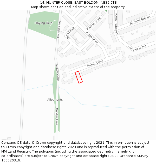 14, HUNTER CLOSE, EAST BOLDON, NE36 0TB: Location map and indicative extent of plot