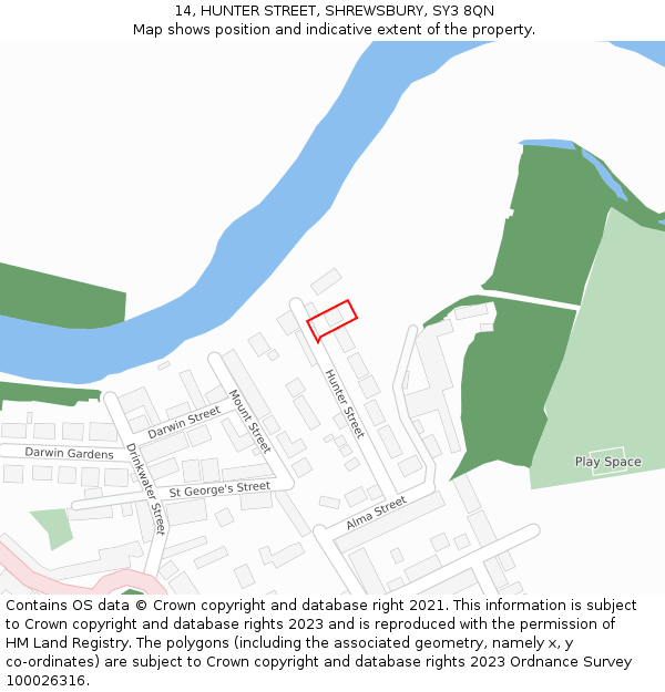 14, HUNTER STREET, SHREWSBURY, SY3 8QN: Location map and indicative extent of plot