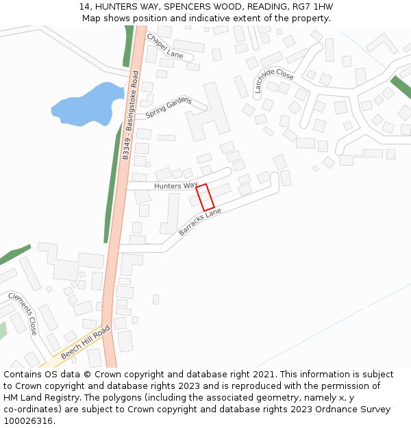 14, HUNTERS WAY, SPENCERS WOOD, READING, RG7 1HW: Location map and indicative extent of plot