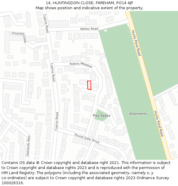 14, HUNTINGDON CLOSE, FAREHAM, PO14 4JP: Location map and indicative extent of plot