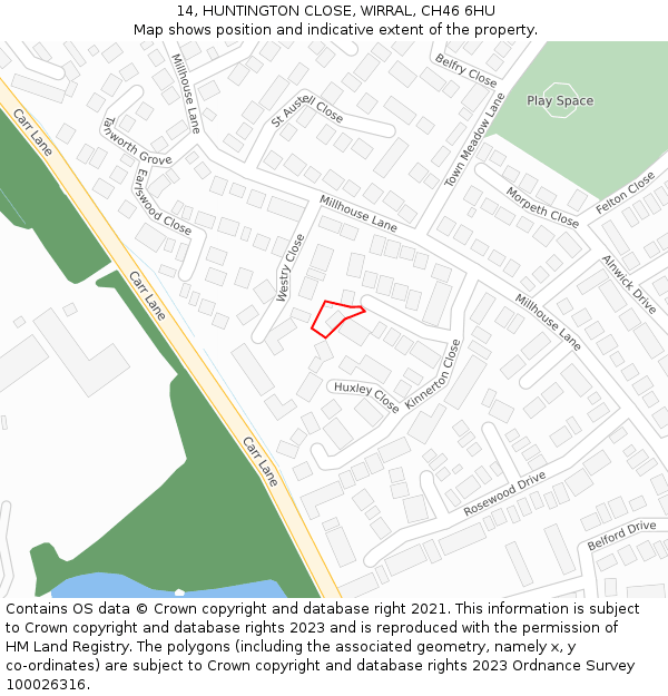 14, HUNTINGTON CLOSE, WIRRAL, CH46 6HU: Location map and indicative extent of plot