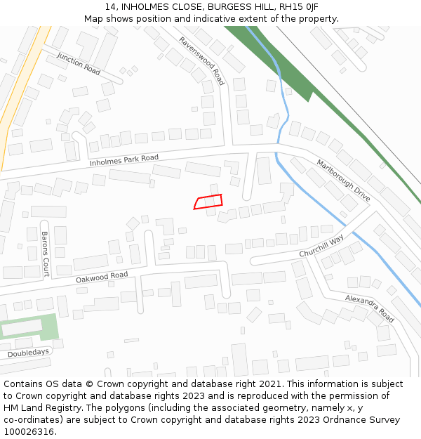 14, INHOLMES CLOSE, BURGESS HILL, RH15 0JF: Location map and indicative extent of plot