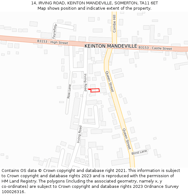 14, IRVING ROAD, KEINTON MANDEVILLE, SOMERTON, TA11 6ET: Location map and indicative extent of plot