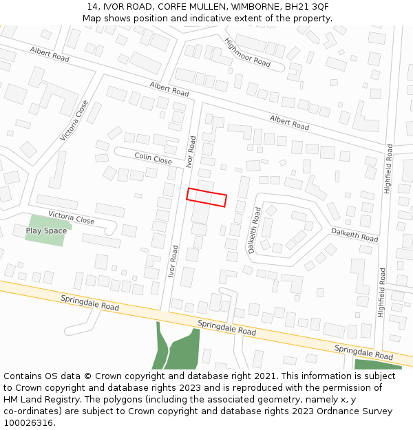 14, IVOR ROAD, CORFE MULLEN, WIMBORNE, BH21 3QF: Location map and indicative extent of plot
