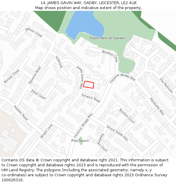 14, JAMES GAVIN WAY, OADBY, LEICESTER, LE2 4UE: Location map and indicative extent of plot