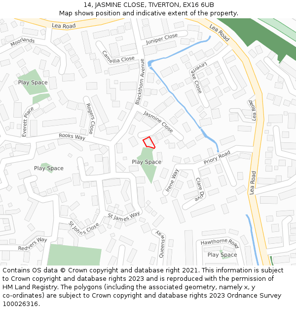 14, JASMINE CLOSE, TIVERTON, EX16 6UB: Location map and indicative extent of plot