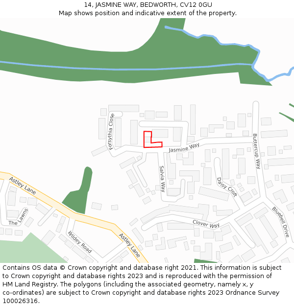 14, JASMINE WAY, BEDWORTH, CV12 0GU: Location map and indicative extent of plot