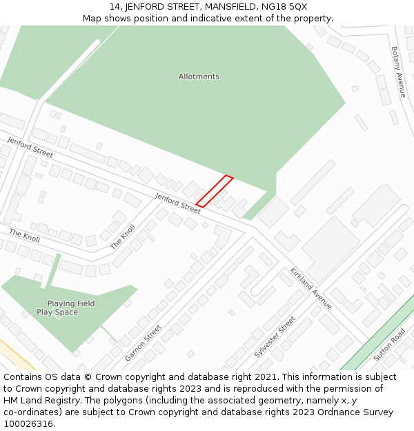 14, JENFORD STREET, MANSFIELD, NG18 5QX: Location map and indicative extent of plot