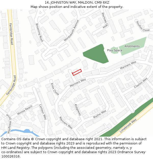 14, JOHNSTON WAY, MALDON, CM9 6XZ: Location map and indicative extent of plot