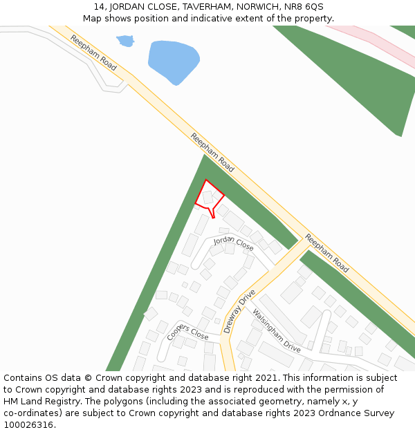 14, JORDAN CLOSE, TAVERHAM, NORWICH, NR8 6QS: Location map and indicative extent of plot