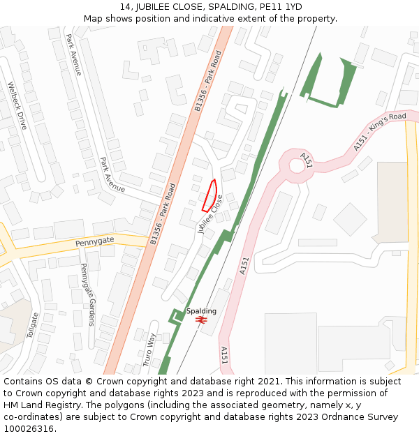 14, JUBILEE CLOSE, SPALDING, PE11 1YD: Location map and indicative extent of plot