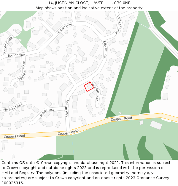 14, JUSTINIAN CLOSE, HAVERHILL, CB9 0NR: Location map and indicative extent of plot