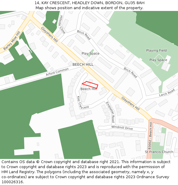 14, KAY CRESCENT, HEADLEY DOWN, BORDON, GU35 8AH: Location map and indicative extent of plot