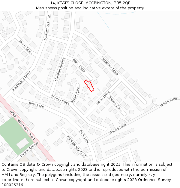 14, KEATS CLOSE, ACCRINGTON, BB5 2QR: Location map and indicative extent of plot