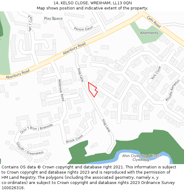 14, KELSO CLOSE, WREXHAM, LL13 0QN: Location map and indicative extent of plot