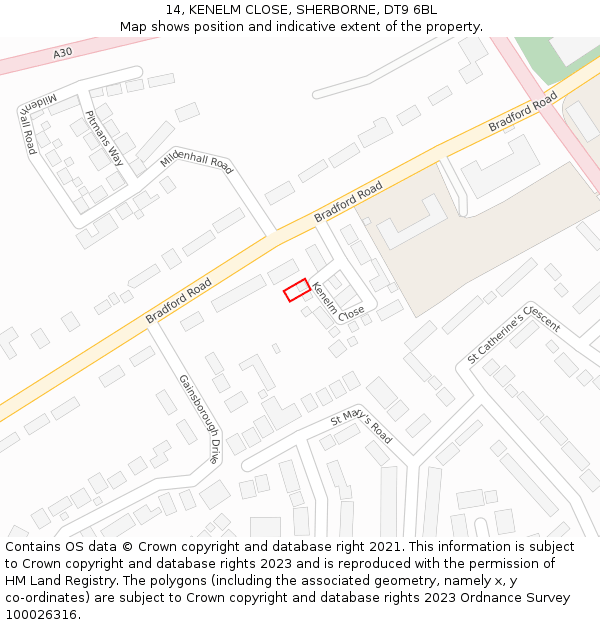 14, KENELM CLOSE, SHERBORNE, DT9 6BL: Location map and indicative extent of plot