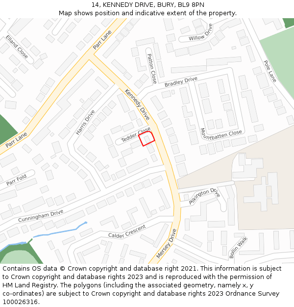 14, KENNEDY DRIVE, BURY, BL9 8PN: Location map and indicative extent of plot