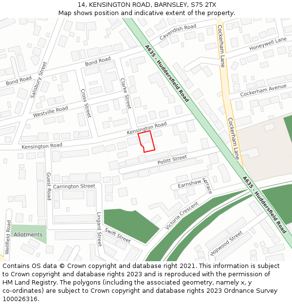 14, KENSINGTON ROAD, BARNSLEY, S75 2TX: Location map and indicative extent of plot