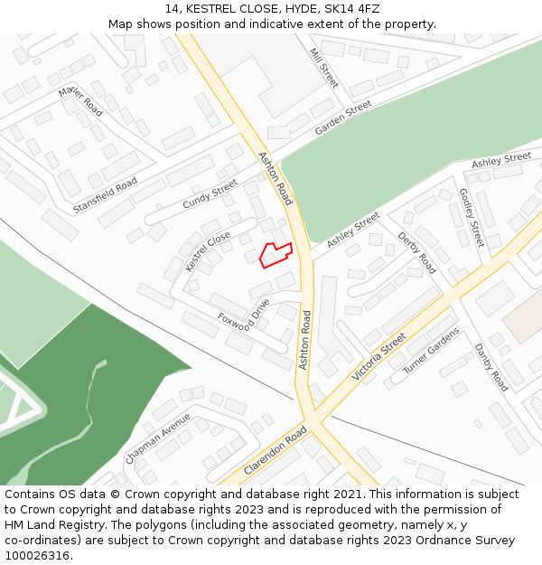 14, KESTREL CLOSE, HYDE, SK14 4FZ: Location map and indicative extent of plot