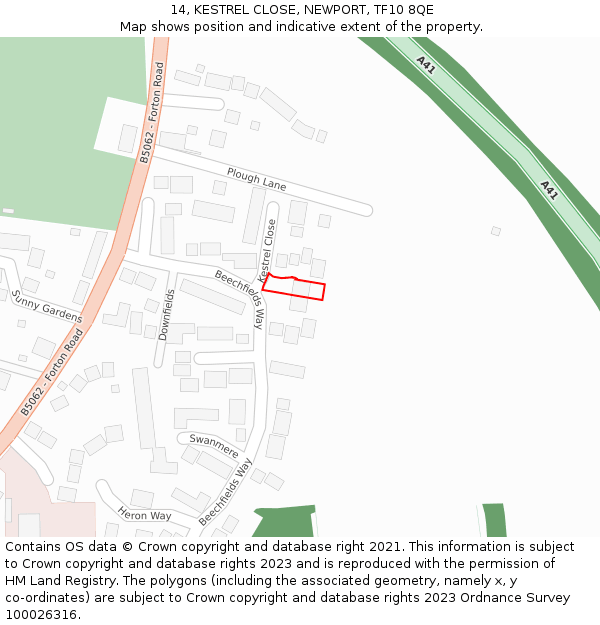 14, KESTREL CLOSE, NEWPORT, TF10 8QE: Location map and indicative extent of plot