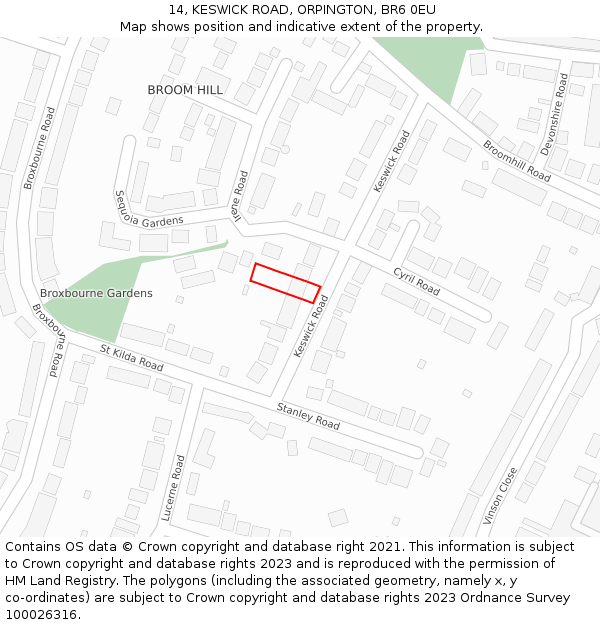 14, KESWICK ROAD, ORPINGTON, BR6 0EU: Location map and indicative extent of plot