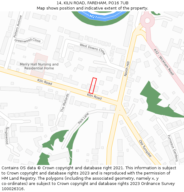 14, KILN ROAD, FAREHAM, PO16 7UB: Location map and indicative extent of plot