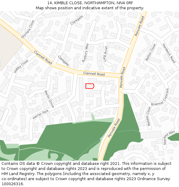 14, KIMBLE CLOSE, NORTHAMPTON, NN4 0RF: Location map and indicative extent of plot