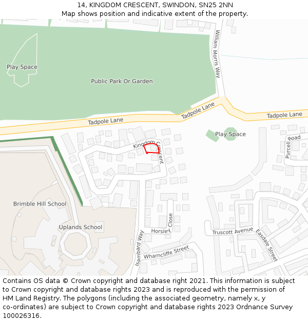 14, KINGDOM CRESCENT, SWINDON, SN25 2NN: Location map and indicative extent of plot