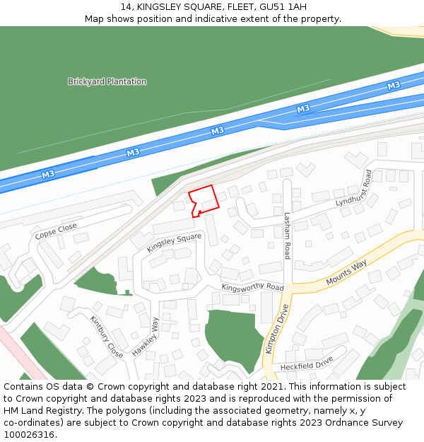 14, KINGSLEY SQUARE, FLEET, GU51 1AH: Location map and indicative extent of plot