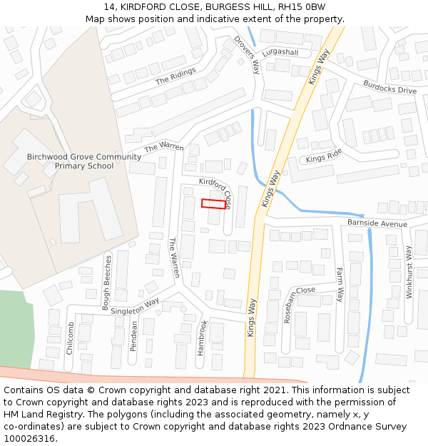 14, KIRDFORD CLOSE, BURGESS HILL, RH15 0BW: Location map and indicative extent of plot