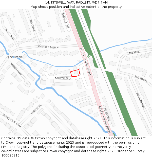 14, KITSWELL WAY, RADLETT, WD7 7HN: Location map and indicative extent of plot