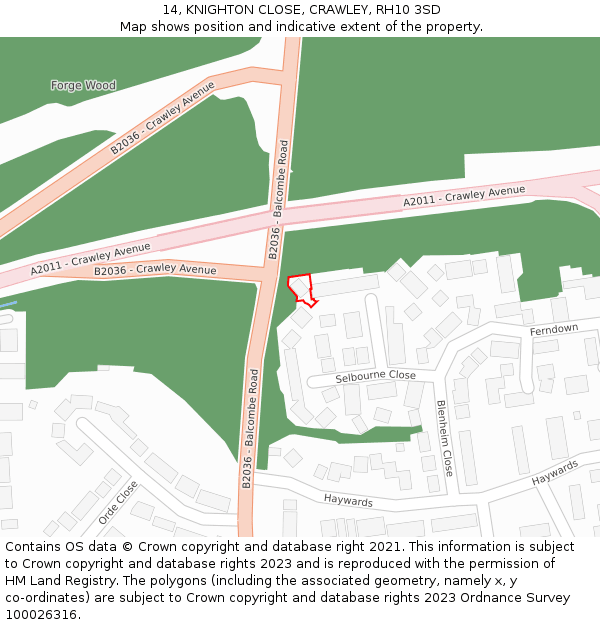 14, KNIGHTON CLOSE, CRAWLEY, RH10 3SD: Location map and indicative extent of plot