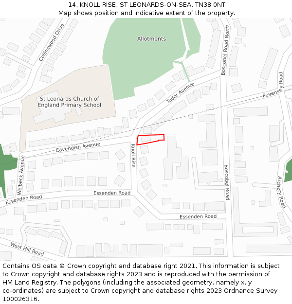 14, KNOLL RISE, ST LEONARDS-ON-SEA, TN38 0NT: Location map and indicative extent of plot