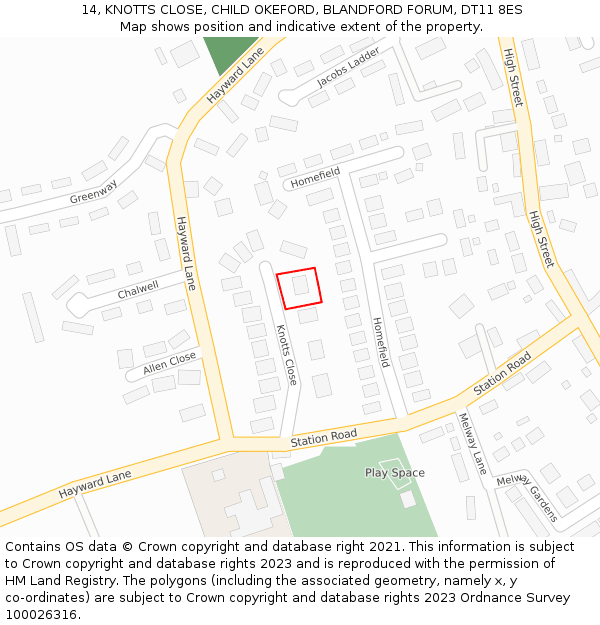 14, KNOTTS CLOSE, CHILD OKEFORD, BLANDFORD FORUM, DT11 8ES: Location map and indicative extent of plot
