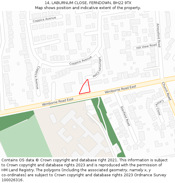 14, LABURNUM CLOSE, FERNDOWN, BH22 9TX: Location map and indicative extent of plot