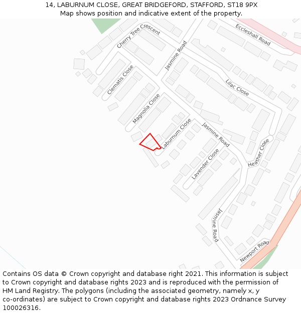 14, LABURNUM CLOSE, GREAT BRIDGEFORD, STAFFORD, ST18 9PX: Location map and indicative extent of plot