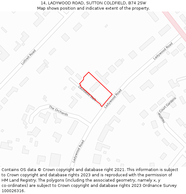 14, LADYWOOD ROAD, SUTTON COLDFIELD, B74 2SW: Location map and indicative extent of plot