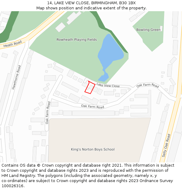 14, LAKE VIEW CLOSE, BIRMINGHAM, B30 1BX: Location map and indicative extent of plot