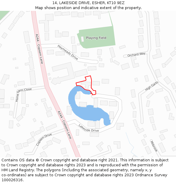 14, LAKESIDE DRIVE, ESHER, KT10 9EZ: Location map and indicative extent of plot