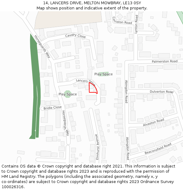 14, LANCERS DRIVE, MELTON MOWBRAY, LE13 0SY: Location map and indicative extent of plot