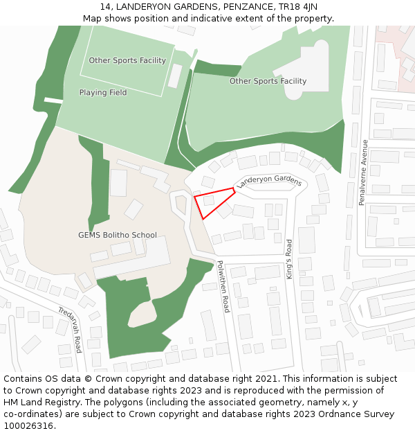 14, LANDERYON GARDENS, PENZANCE, TR18 4JN: Location map and indicative extent of plot