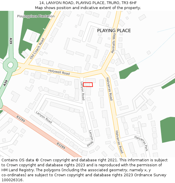 14, LANYON ROAD, PLAYING PLACE, TRURO, TR3 6HF: Location map and indicative extent of plot