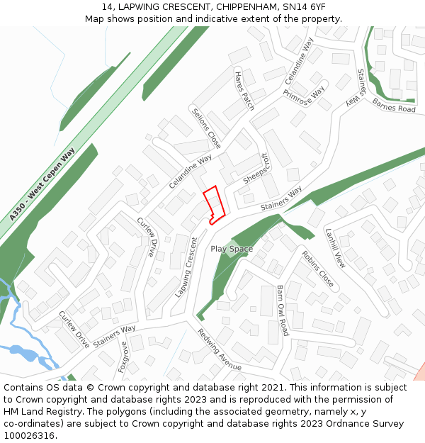 14, LAPWING CRESCENT, CHIPPENHAM, SN14 6YF: Location map and indicative extent of plot