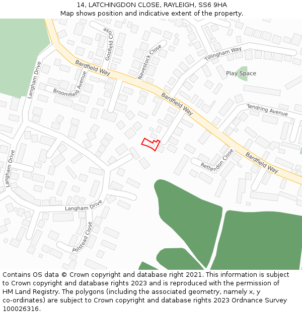 14, LATCHINGDON CLOSE, RAYLEIGH, SS6 9HA: Location map and indicative extent of plot