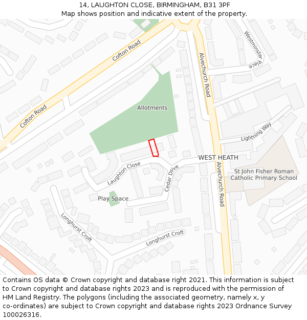 14, LAUGHTON CLOSE, BIRMINGHAM, B31 3PF: Location map and indicative extent of plot