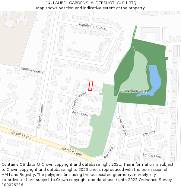 14, LAUREL GARDENS, ALDERSHOT, GU11 3TQ: Location map and indicative extent of plot