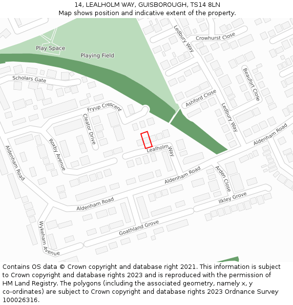 14, LEALHOLM WAY, GUISBOROUGH, TS14 8LN: Location map and indicative extent of plot