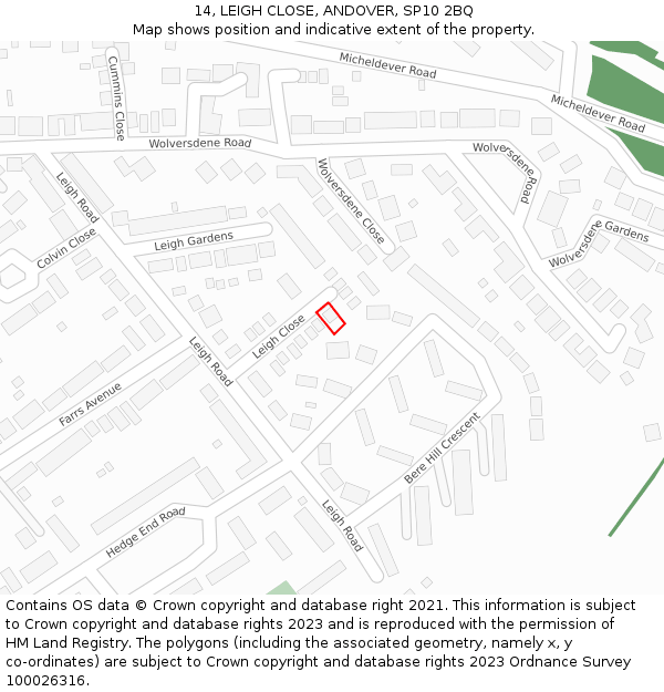 14, LEIGH CLOSE, ANDOVER, SP10 2BQ: Location map and indicative extent of plot