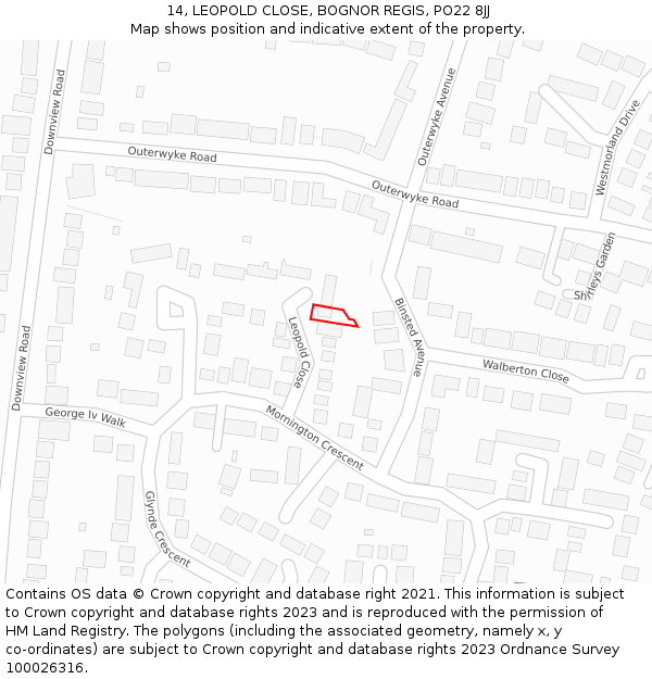 14, LEOPOLD CLOSE, BOGNOR REGIS, PO22 8JJ: Location map and indicative extent of plot