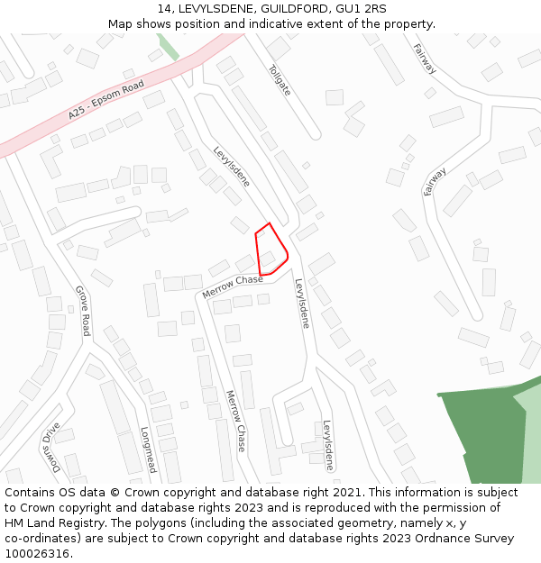 14, LEVYLSDENE, GUILDFORD, GU1 2RS: Location map and indicative extent of plot